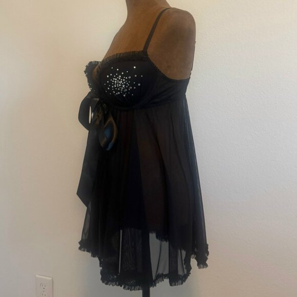 Victoria's Secret Black Sheer Front Rhinestone Bra Babydoll Slip Size 36C - Picture 7 of 12